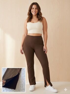 High-Waist Ribbed Flare Split Hem Pants in Chocolate Brown